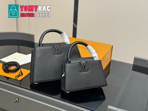 Túi xách Lv capucines size 20 cm và 27 cm, túi màu full đen có 2 quai