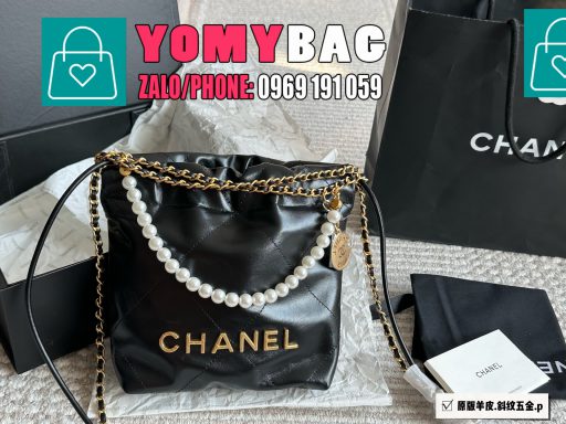 Túi xách Chanel 22bag size 20x20 cm, túi màu đen da mềm họa tiết trang trí sang trọng