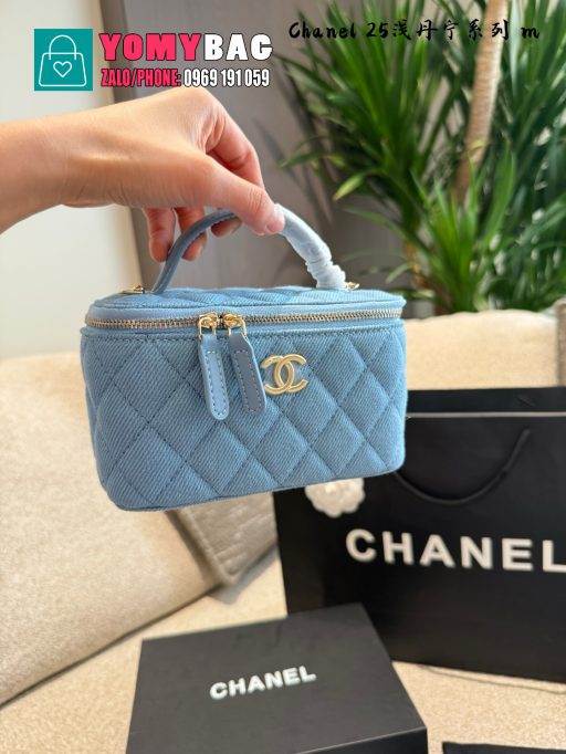 Túi xách chanel size 16x10 cm, túi màu xanh vải denim tag vàng