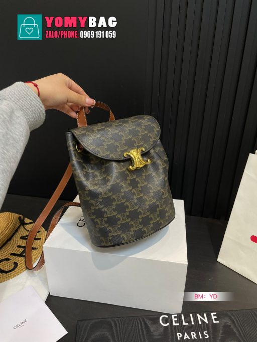 Túi xách Celine màu nâu đeo vai thiết kế kiểu dáng ba lô size 18x21 cm, túi tag vàng nhỏ xinh