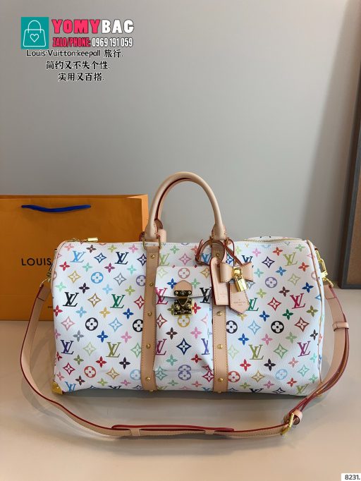 Túi xách cầm tay Lv keepall màu trắng có khóa xinh xắn size 45 cm