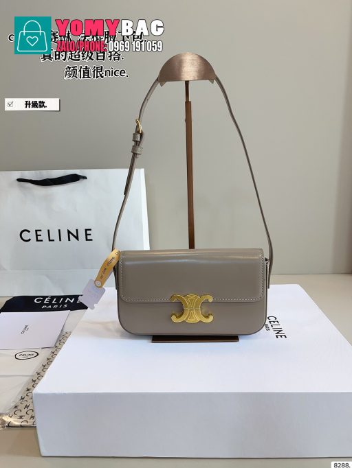 Túi xách Celine triomphe màu ghi size 21 cm, túi da trơn mịn dây đeo chéo tag vàng