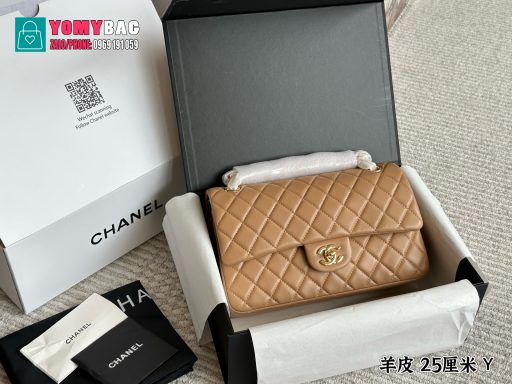 Túi xách Chanel cf màu nude đậm size 25 cm, túi ô trám da mềm