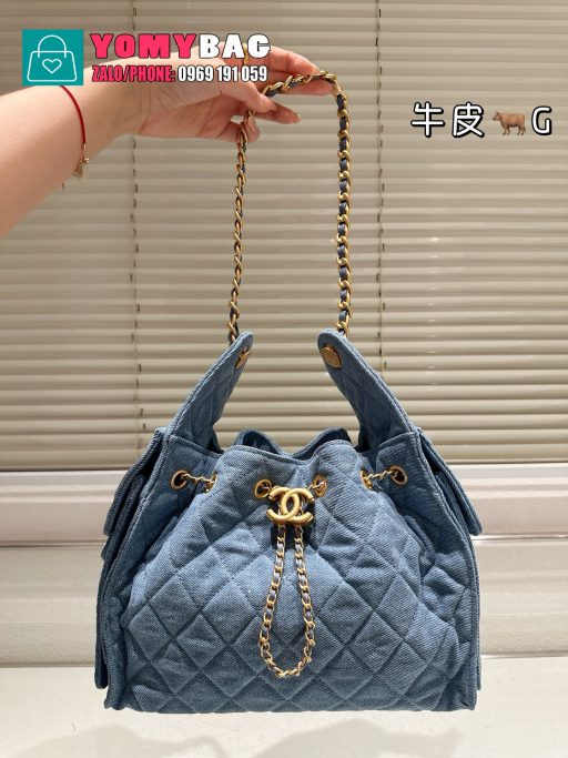 Túi xách chanel size 35x34 cm vải denim, túi tag vàng rất xinh