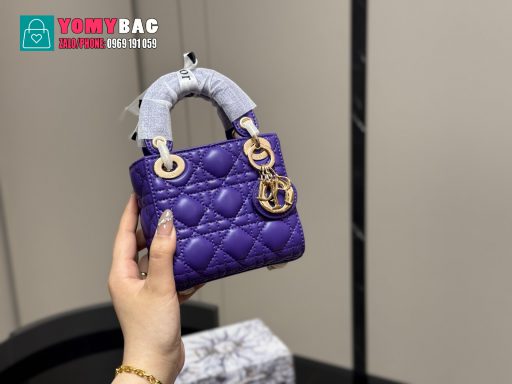 Túi xách đeo chéo dior lady size 13x11 cm, túi màu tím tag vàng nổi bật