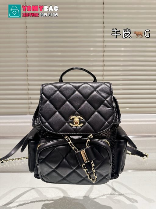 Túi xách đeo vai chanel vintage màu đen size 20x25 cm, túi thiết kế kiểu dáng ba lô nhiều ngăn tiện lợi