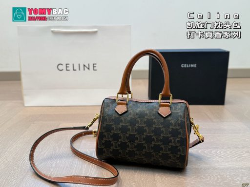 Túi xách đeo chéo Celine màu nâu họa tiết logo hãng nổi bật, túi size 19x14 cm