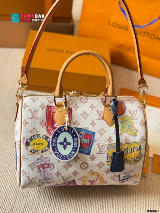 Túi xách cầm tay Lv speedy màu trắng size 30 cm, túi có họa tiết ngộ nghĩnh năng động