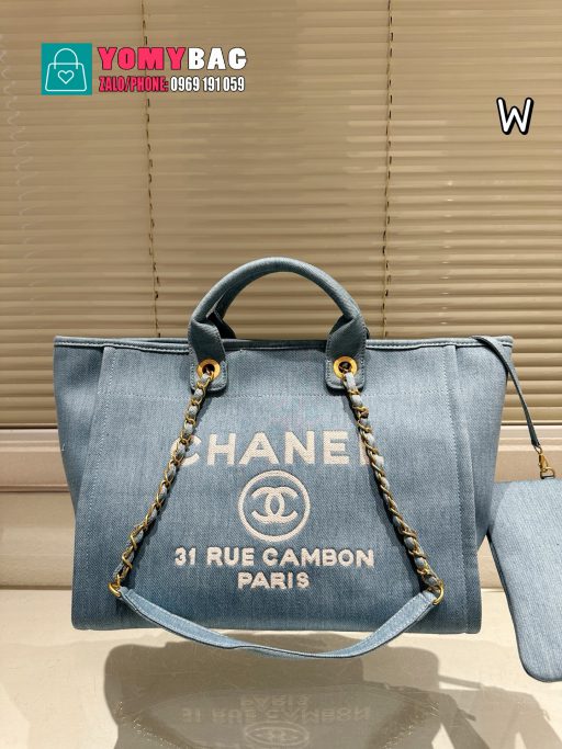 Túi xách Chanel tote màu xanh vải denim size lớn 37x30 cm rất đẹp